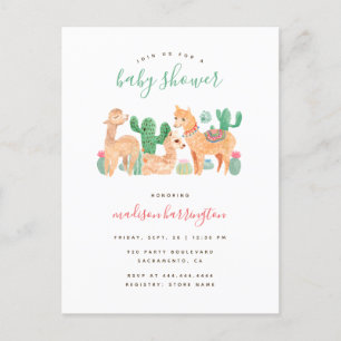 Invitation Carte Postale Alpaca doux Baby shower Llama Cactus Boho