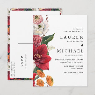 Invitation Carte Postale Amaryllis rouge et Mariage floral d'automne