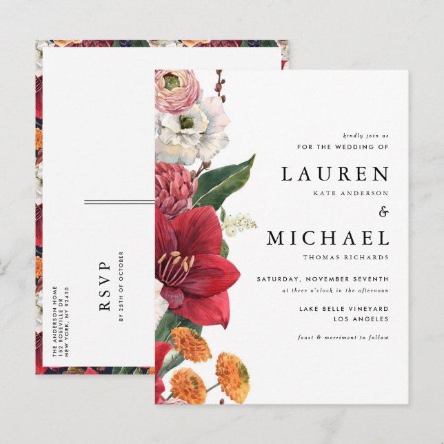 Invitation Carte Postale Amaryllis rouge et Mariage floral d'automne (Devant / Derrière)