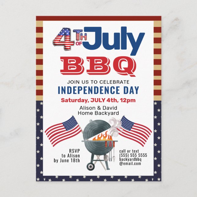 Invitation Carte Postale American Flag Patriotique 4 juillet BBQ Party (Devant)
