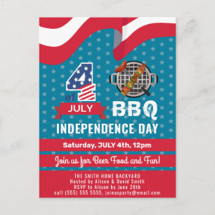 Invitation Carte Postale American Flag Red White Blue 4 juillet BBQ Party