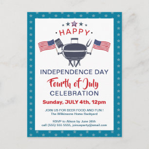 Invitation Carte Postale American Flag Red White Blue 4 juillet BBQ Party