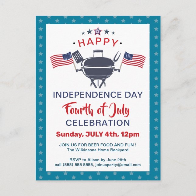 Invitation Carte Postale American Flag Red White Blue 4 juillet BBQ Party (Devant)