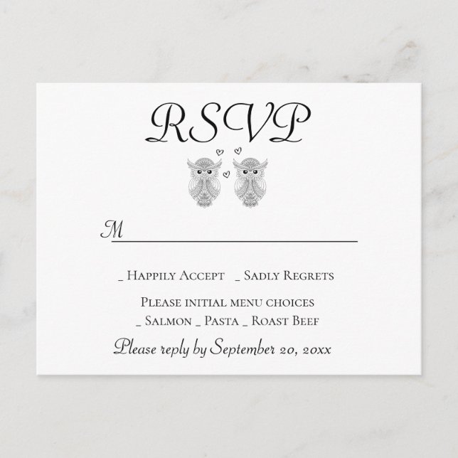 Invitation Carte Postale Amour Chouette RSVP Noir & Blanc Art Populaire Mar (Devant)