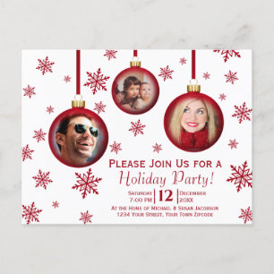 Invitation Carte Postale Amusants Red Christmas Baubles 3 Photo Holiday Par