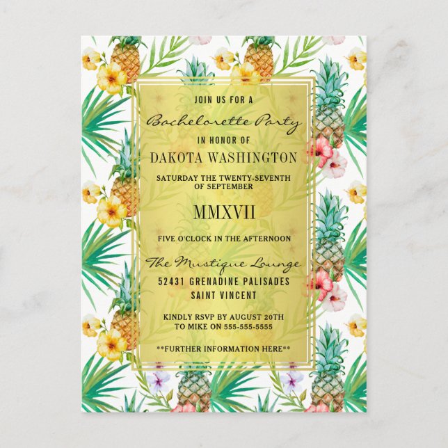 Invitation Carte Postale Ananas Tropical & Hibiscus Bachelorette (Devant)