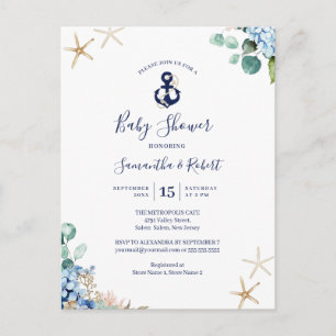 Invitation Carte Postale Ancre budgétaire Baby shower floral bleu marine