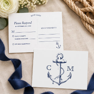 Invitation Carte Postale Ancre de croquis nautique RSVP blanc