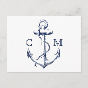 Invitation Carte Postale Ancre d'esquisse marine blanc RSVP