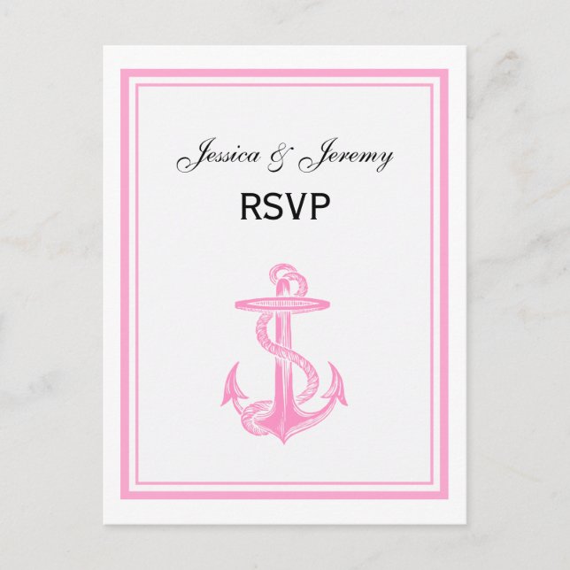 Invitation Carte Postale Ancre nautique rose encadré 2 RSVP 1 (Devant)