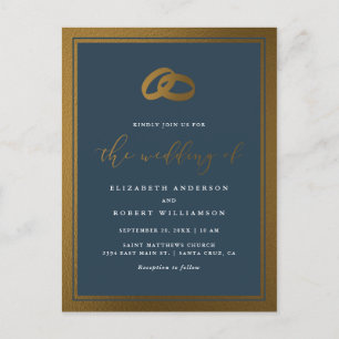Invitation Carte Postale Anneaux d'or Classy et Mariage bleu marine