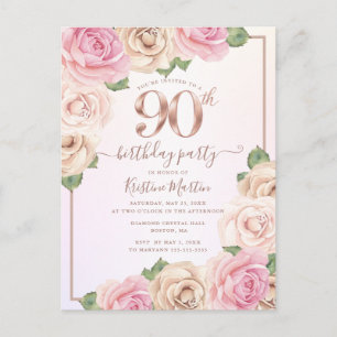 Invitation Carte Postale Anniversaire 90 Ans Élégant Rose Gold Floral Brill