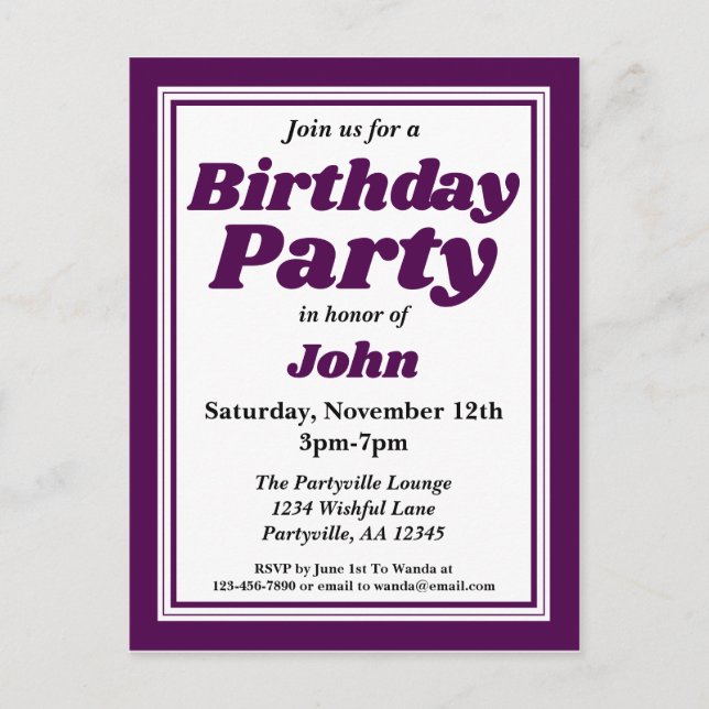 Invitation Carte Postale Anniversaire adulte violet profond classe (Devant)