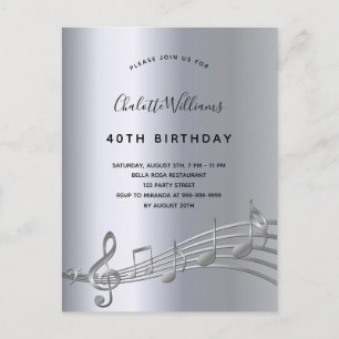 Invitation Carte Postale Anniversaire argent musique notes métal 50e invita