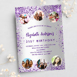 Invitation Carte Postale Anniversaire argent violet mousseux photo amis<br><div class="desc">Une invitation à la fête d'anniversaire de 21e anniversaire, féminine et féminine (ou tout âge). Devant : Un arrière - plan à la mode faux argent. Décoré de parties scintillant en faux violet foncé, brille. Personnalisez et ajoutez un nom, les détails de la fête et 6 photos. Le nom est...</div>
