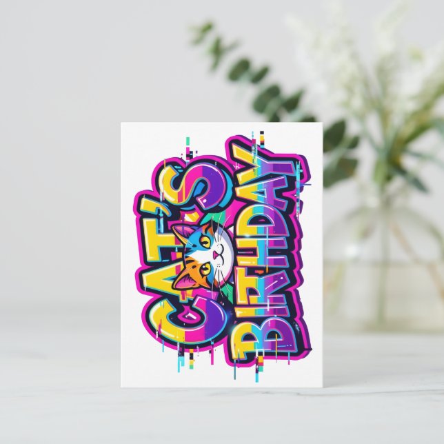 Invitation Carte Postale Anniversaire de chat Arc-en-ciel Glitch (Debout devant)
