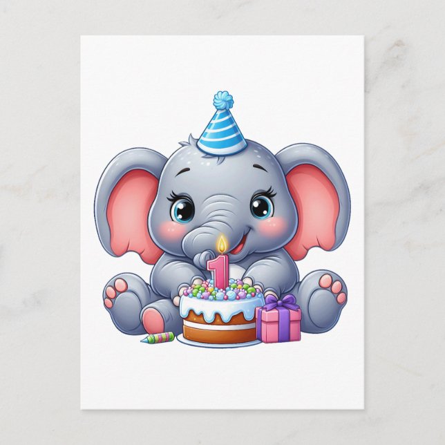 Invitation Carte Postale Anniversaire de l'éléphant bébé 1 an (Devant)