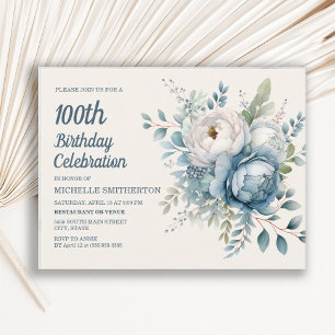 Invitation Carte Postale Anniversaire des 100 ans d'une femme avec des fleu