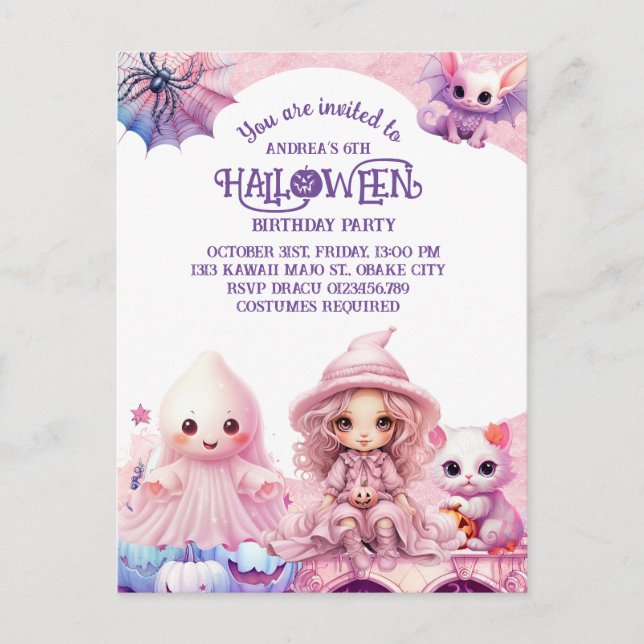 Invitation Carte Postale Anniversaire d'Halloween rose Kawaii (Devant)