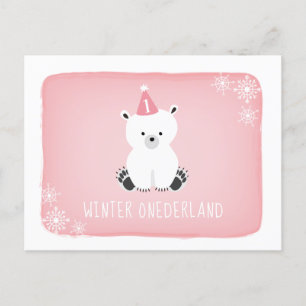 Invitation Carte Postale Anniversaire d'Onederland d'hiver rose d'ours