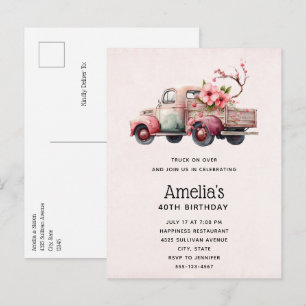 Invitation Carte Postale Anniversaire du camion Vintage rose