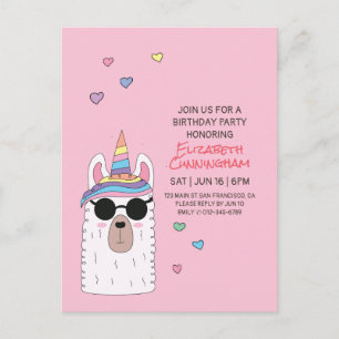 Invitation Carte Postale Anniversaire du Llamacorn
