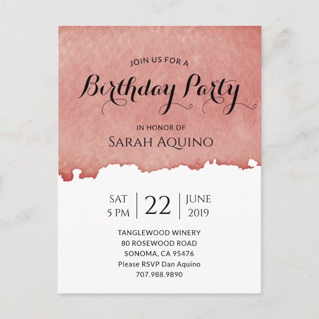 Invitation Carte Postale Anniversaire Fête Aquarelle Vin Stain (Devant)