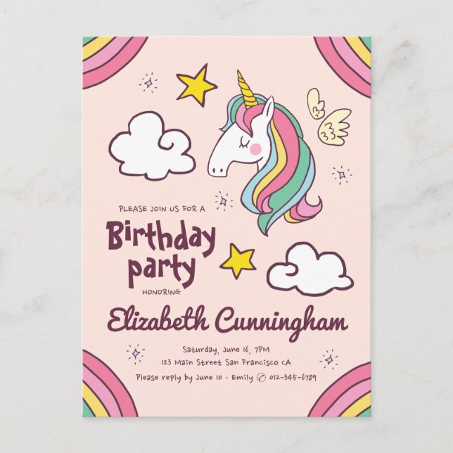Invitation Carte Postale Anniversaire Licorne Arc-en-ciel Mignon Etoiles (Devant)