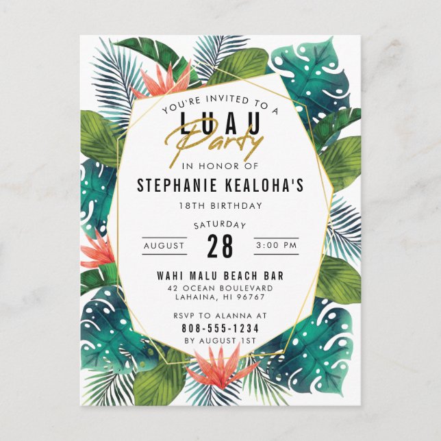 Invitation Carte Postale Anniversaire Luau Palm Tropical Feuilles & Monster (Devant)