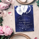 Invitation Carte Postale Anniversaire marine bleu blanc parties scintillant<br><div class="desc">Une invitation moderne,  élégante et glamour pour une fête d'anniversaire de 21e (ou tout âge). Un arrière - plan bleu marine,  décoré de faux éclats de parties scintillant et de ballons blancs. La couleur bleue est inégale. Personnalisez et ajoutez votre nom et les détails de votre fête.</div>