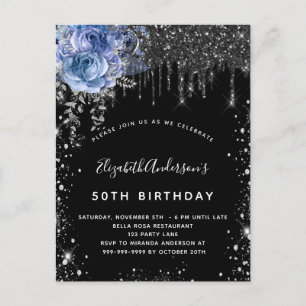Invitation Carte Postale Anniversaire noir argent parties scintillant bleu