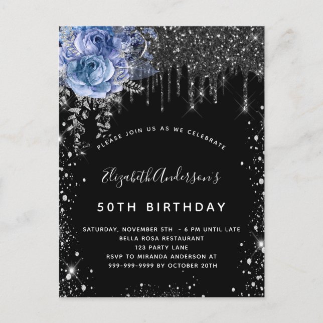 Invitation Carte Postale Anniversaire noir argent parties scintillant bleu  (Devant)