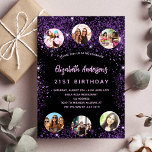 Invitation Carte Postale Anniversaire noir violet mousseux photo amis<br><div class="desc">Une invitation à la fête d'anniversaire de 21e anniversaire, féminine et féminine (ou tout âge). Devant : Un arrière - plan noir chic. Décoré avec de la poussière de parties scintillant en faux violet foncé. Personnalisez et ajoutez un nom, les détails de la fête et 6 photos. Le nom est...</div>