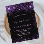 Invitation Carte Postale Anniversaire noir violet parties scintillant pouss<br><div class="desc">Une invitation à la fête d'anniversaire de 21e anniversaire, féminine et féminine (ou tout âge). Devant : Un arrière - plan noir chic. Décoré avec de la poussière de parties scintillant en faux violet foncé. Personnalisez et ajoutez un nom et des détails du parti. Le nom est écrit avec un...</div>