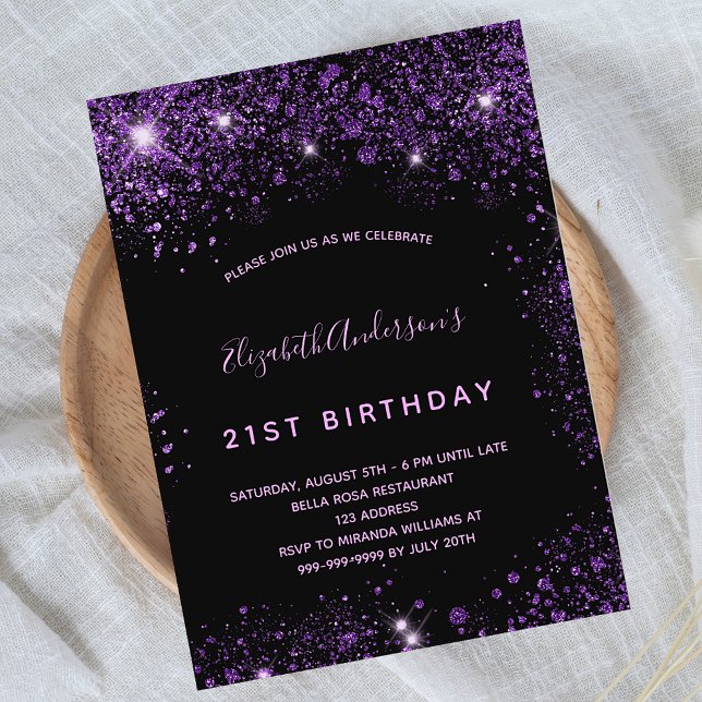 Invitation Carte Postale Anniversaire noir violet parties scintillant pouss (Créateur téléchargé)