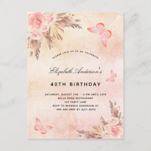 Invitation Carte Postale Anniversaire papillon pampas herbe blush boho