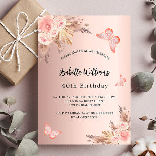 Invitation Carte Postale Anniversaire papillon pampas herbe blush or rose