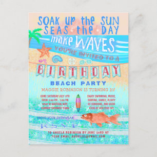 Invitation Carte Postale Anniversaire Plage ou fête de la piscine Surf de p