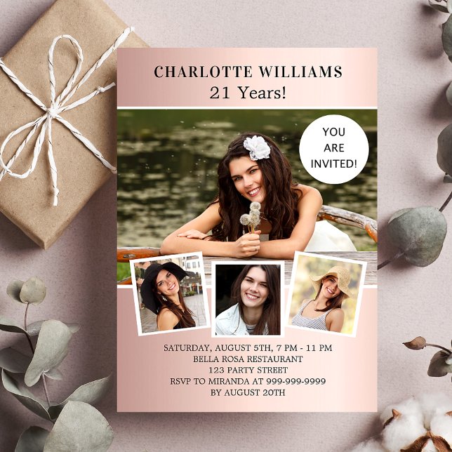 Invitation Carte Postale Anniversaire rose de fête d'or collage photo (Créateur téléchargé)