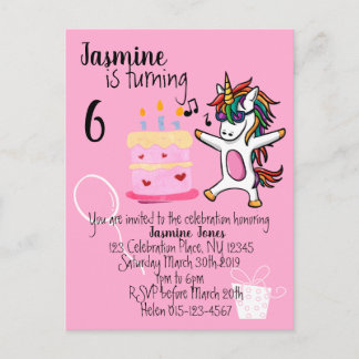 Invitation Carte Postale Anniversaire rose mignon Unicorn