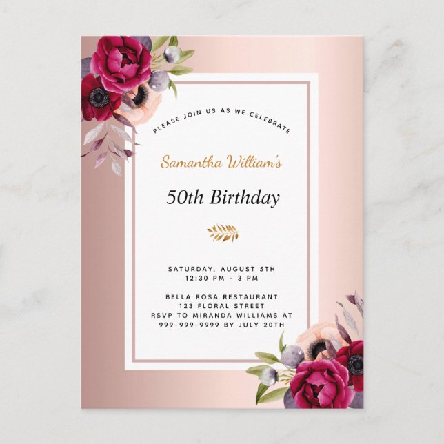 Invitation Carte Postale Anniversaire rose or bordeaux floral (Devant)