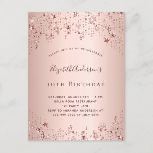 Invitation Carte Postale Anniversaire rose or étoiles princier girly