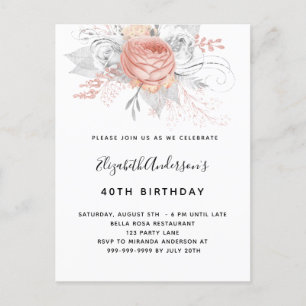 Invitation Carte Postale Anniversaire rose or floraux élégant blanc