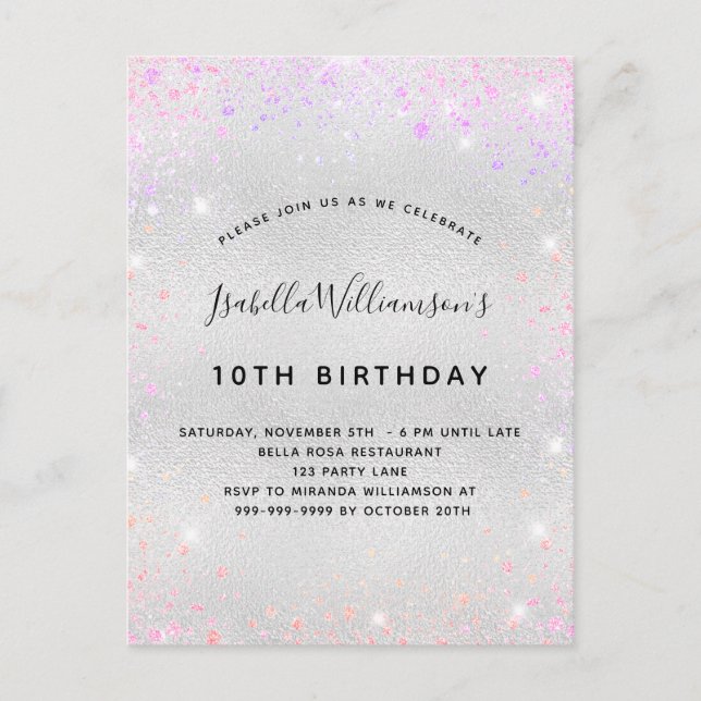 Invitation Carte Postale Anniversaire rose rose violet parties scintillant  (Devant)