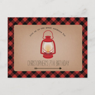 Invitation Carte Postale Anniversaire rouge de camping de lanterne de plaid