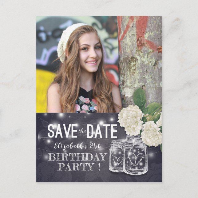 Invitation Carte Postale Anniversaire Sauvons La Date Mason Jars Hydrangeas (Devant)