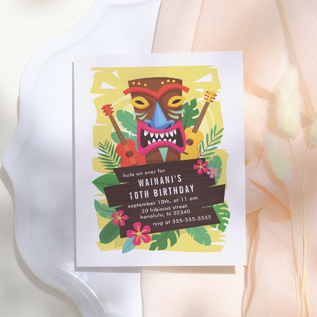 Invitation Carte Postale Anniversaire Tropical Hawaiian Ukulele & Tiki Luau (Créateur téléchargé)