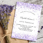 Invitation Carte Postale Anniversaire violet lavande parties scintillant sc<br><div class="desc">Pour une soirée élégante de 40ème anniversaire (ou tout âge). Un arrière - plan blanc chic devant. Décoré avec parties scintillant en faux violet. Personnalisez et ajoutez un nom et des détails du parti. Le nom est écrit avec un script de style écrit à la main. Dos : violet couleur...</div>