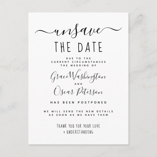 Invitation Carte Postale Annuler la date Chic nouvelle annonce de date (Devant)