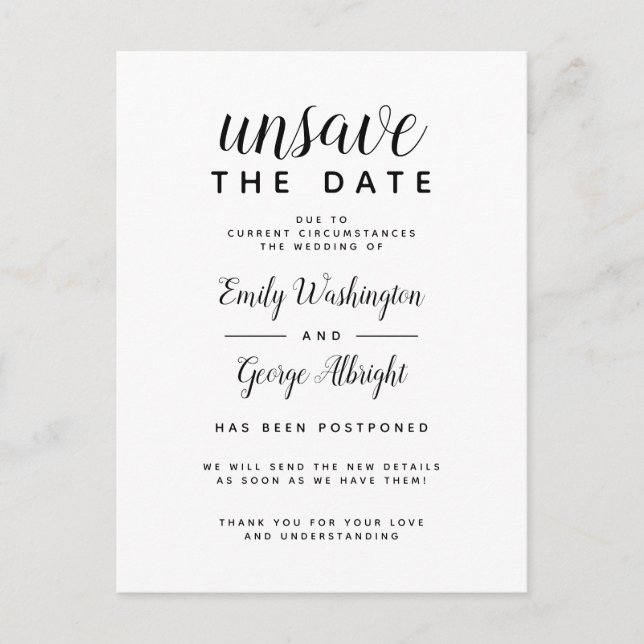 Invitation Carte Postale Annuler la date Mariage élégant reporté (Devant)